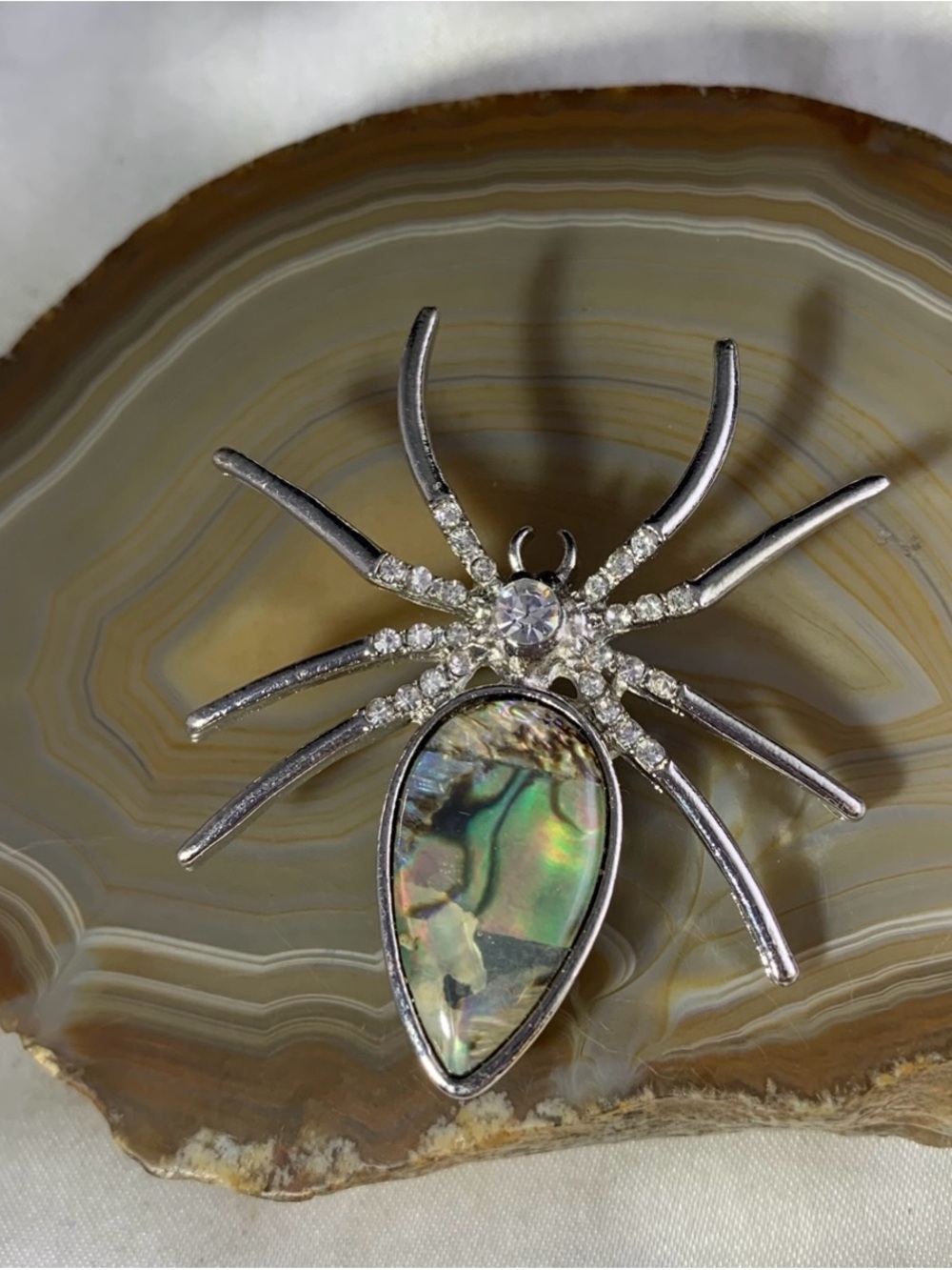 Iridescent Faux Abalone Spider Brooch Pin in Silver Tone.